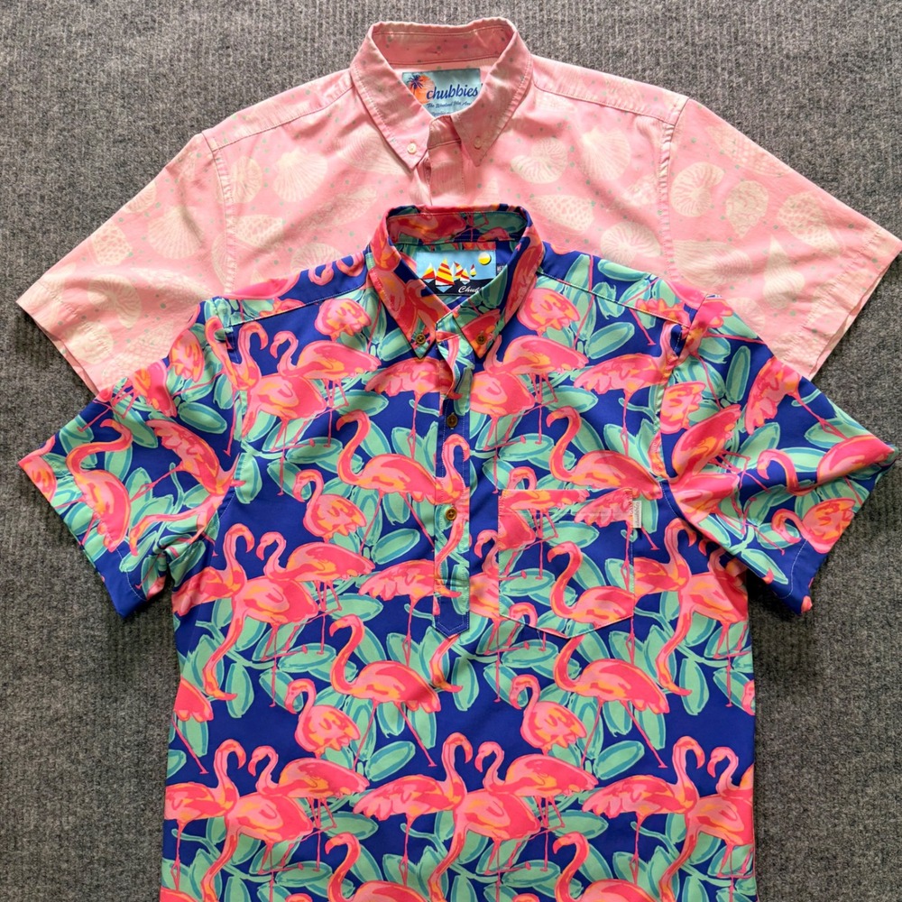 Chubbies Mens Medium Flamingo Print Short Sleeve Popover Lot of 2 Shirts - Picture 2 of 16